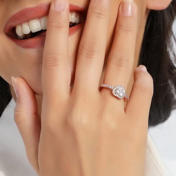 18K Rose Gold and White Diamond Cubic Zirconia Halo Heart Engagement Ring - Picture 5 of 6